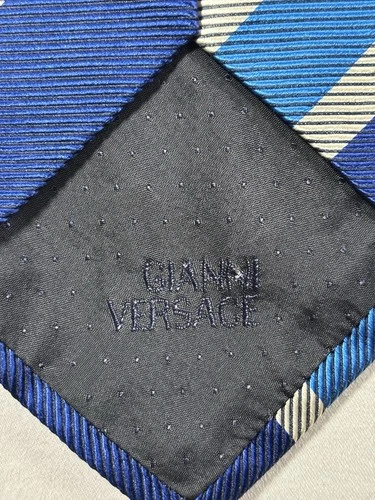 Vintage Gianni Versace Silk Tie Navy Blue Light Blue Silver Stripe Gold Medusa image 4