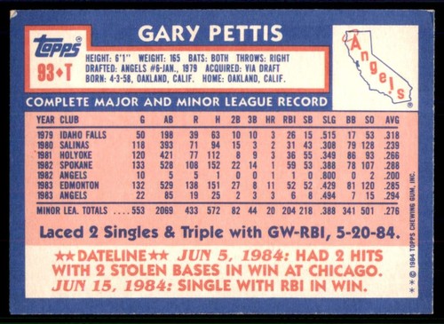 1984 Topps Traded #93T Gary Pettis California Angels - Picture 2 of 2