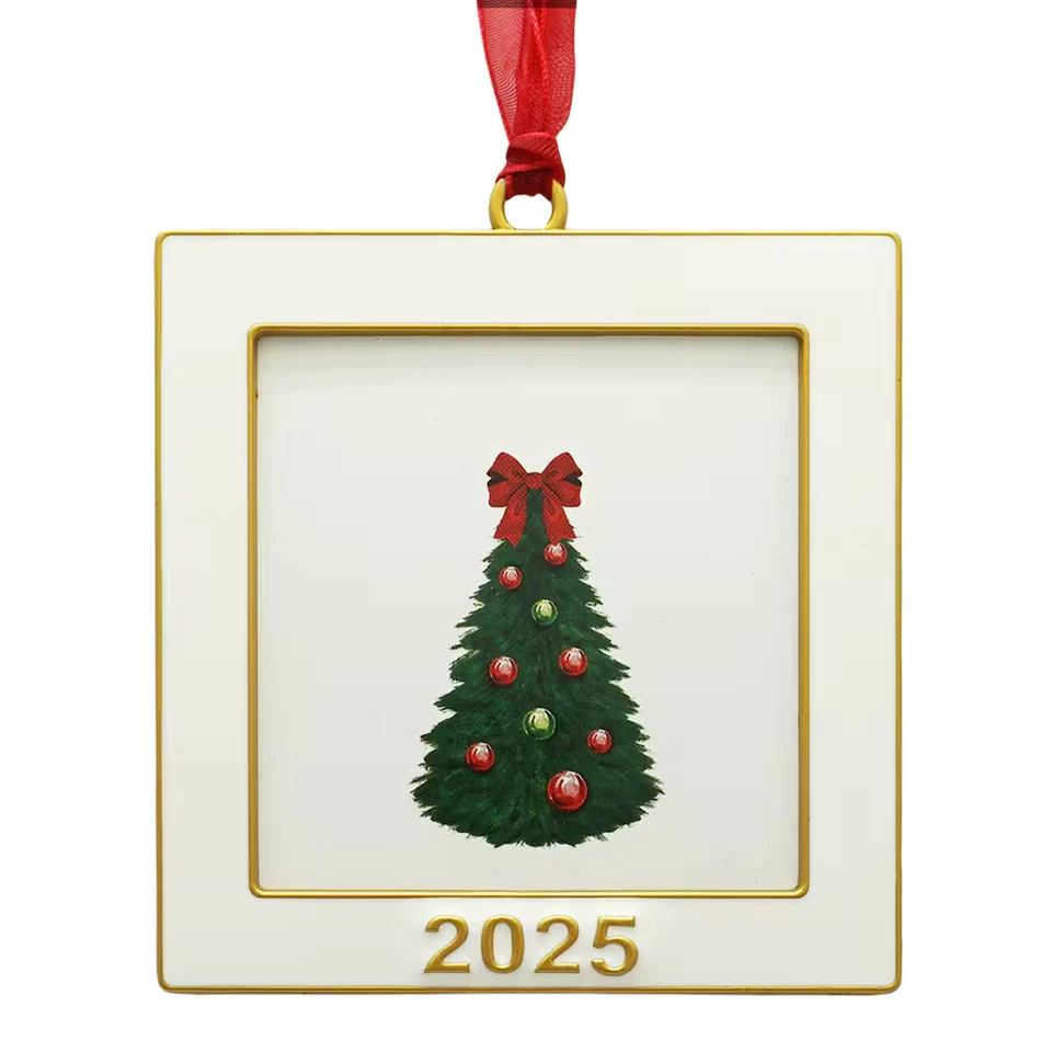 2025 CHRISTMAS TREE ORNAMENT PHOTO PICTURE FRAME 2.5" x 2.5" White & Gold Square