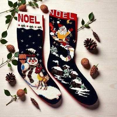 TWO Needlepoint Christmas Stockings NOEL Santa Snowman Navy Red 6'' x 19''