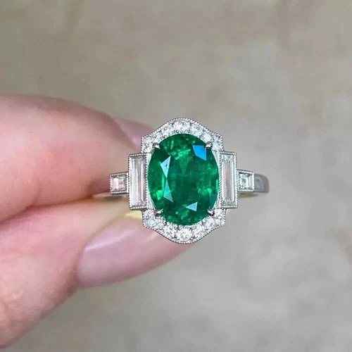 4Ct Art Deco Vintage Style Lab Created Emerald & Diamond Anniversary Silver Ring