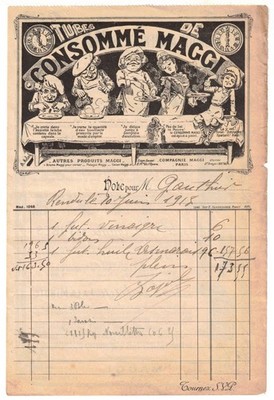 Altes Papier mit Kopf oder Rechnung verbrauchte Brühe Maggi um 1910 ''21 x 14 cm''