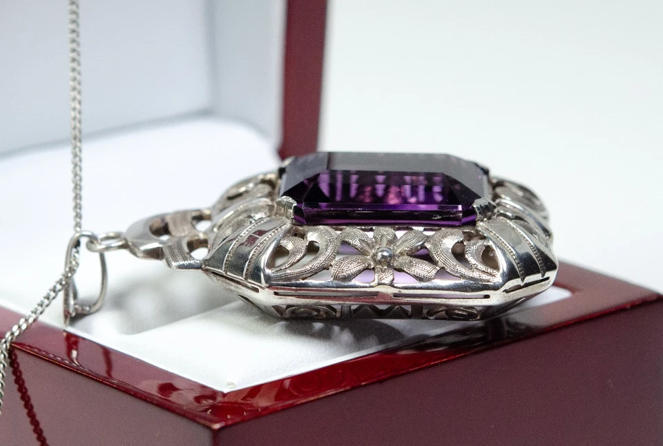 835 Argento - Antico Stile Liberty Rimorchio - 23.00 CT Naturale Ametista - - Immagine 4 di 4