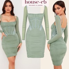 House of CB Green Ruched Mesh Corset Mini Dress Milkmaid Victorian Romantic Sz M