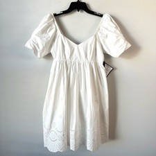 Adrianna Papell Eyelet Hem Puff Sleeve Fit And Flare Babydoll Dress Ivory 6