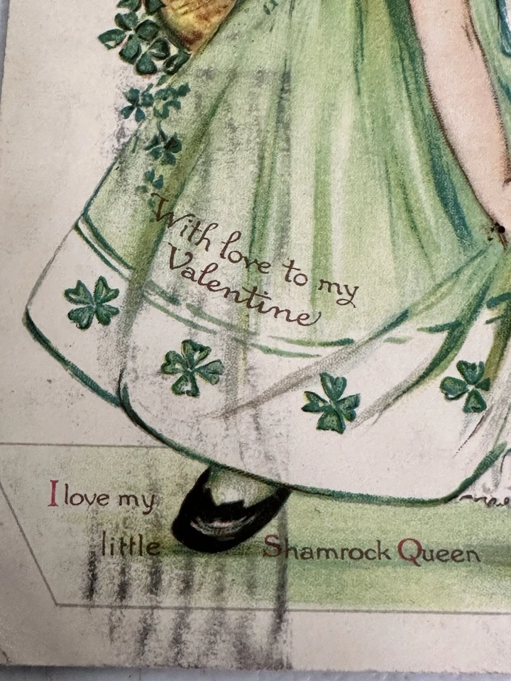 Tarjeta postal de San Valentín 1911 trébol reina niña en vestido verde Ernest Nister E.P. Du Foto 2 de 4