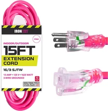 15 Ft Outdoor Extension Cord - 16/3 SJTW Durable Pink Cable with 3 Prong Ground