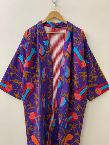 Ethnic Embroidered Cotton Long Floral Kimono | Gift For Her |Vintage Long Jacket - Picture 4 of 4