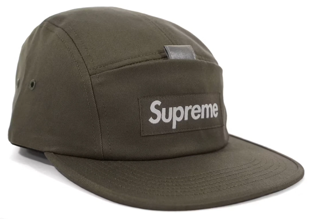 Casquette de camp SS18 SUPREME RÉFLÉCHISSANTE TAB POCHE VERT OLIVE LOGO BOÎTE 5 PANNEAUX CHAPEAU
