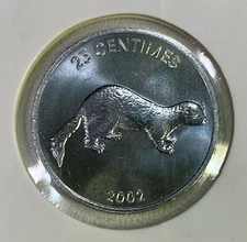 2002 Congo DR 25 Centimes KM#76 – Weasel Lion African Wildlife Animal Coin UNC