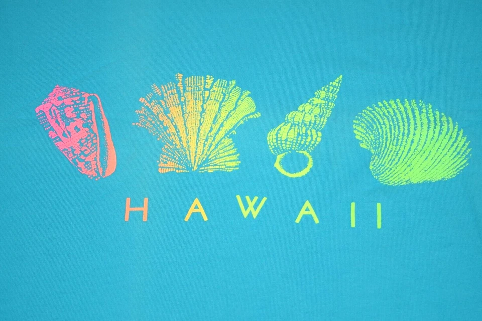 Camiseta De Colección Aqua Neon Shells Hawaii Deletrear Talla M Años 80 Stedman Super HiCru Foto 2 de 4