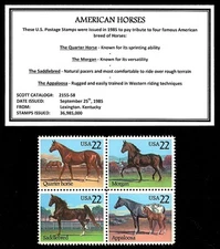 1985 - AMERICAN HORSES - Mint -MNH- Block of Vintage Postage Stamps