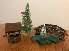Vtg Lot Train Doll House Plasticville Bridge Wishing Well Bottle Brush Christmas