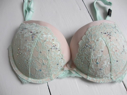 Victoria's Secret dream angel green lace push up padded bra rhinestone 32dd - Picture 5 of 12