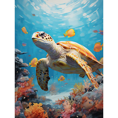 Loggerhead Sea Turtle in Coral Reef Bright Detailed Artwork Art Poster Print