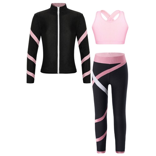Child Girls Outfit 3Pcs Tracksuits Stripe Set Pants Vest Long Sleeve Leggings - Picture 28 of 47
