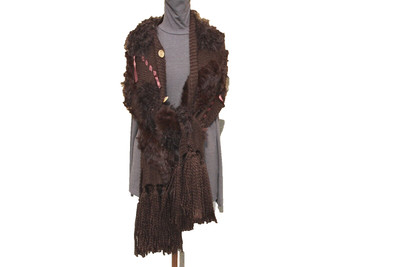 SHABBY CHIC DARK BROWN KNITTED SCARF W RABBIT & LAMB FUR  ONE SIZE