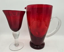 Iris Ruby Red Seeded Bubble Glass Pitcher and Water Goblet - Artland