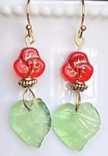 Romantic Red Flower Gold Dangle Earrings. Love. Bloom.