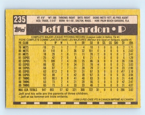 1990 O-Pee-Chee Jeff Reardon Minnesota Twins #235 - Picture 2 of 2