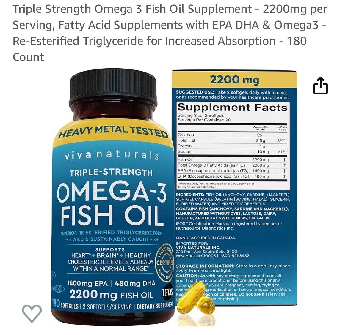  Triple Strength Omega 3 Fish Oil Supplement - 2200mg