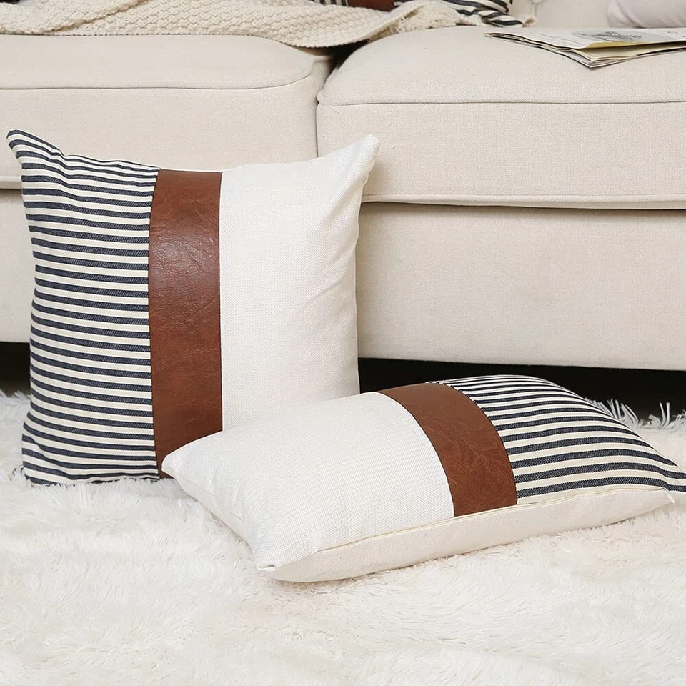 Decorative Throw Pillow Covers Stripe Patchwork Tan Faux Leather 18"x18" 2pcs - Image 3 of 3