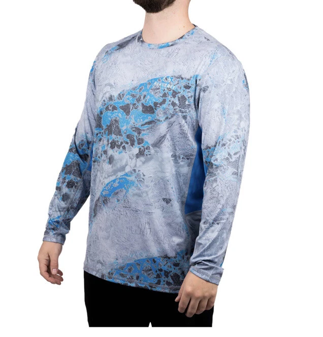 Realtree Wav3 Mens Gray Blue Reversible Long Sleeve Performance Fishing Shirt XL