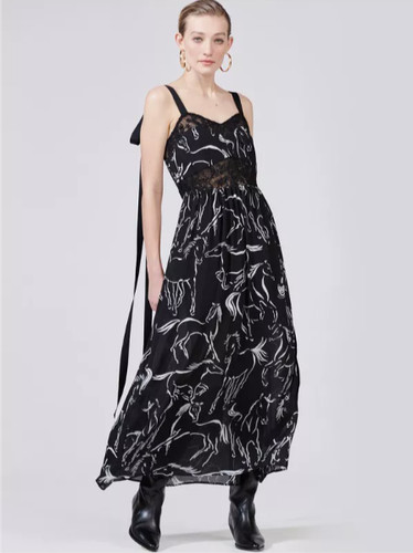 Hayley Menzies Silk Maxi Dress Size S Black Georgette Lace Horse Equestrian