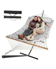 2 Person Outdoor Hammock with Stand, Cotton Rope Hammock with White Gray