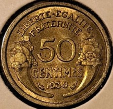 1939 FRANCE ~ 50 Centimes w/ Fruit ~ Morlon ~ AU/UNC ~ Great Coin 