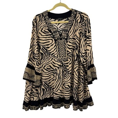 CALESSA Top 3X Animal Print Blouse Embroidered 3/4 Bell Sleeve Artsy Boho