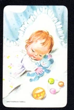 Vintage Swap  Card - Sleeping Baby with Blue Teddy (BLANK BACK)