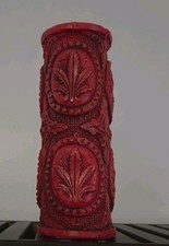 Vintage Red Carved Floral Pillar Candle Wax 10 in Round Decorative
