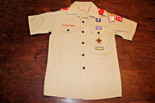 Boy Scouts of America BSA Youth Shirt Tan Large Sewn Patches Short Sleeve