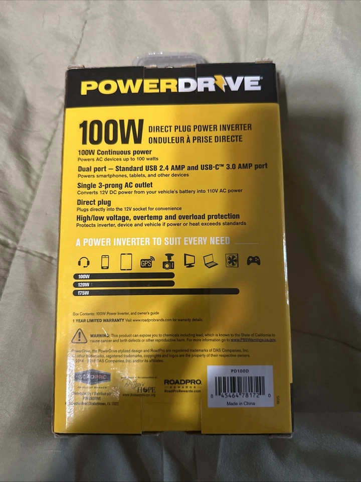 PowerDrive 100 Watt Slim Plug-In Inverter with 1 AC, 2 USB A/C Ports PD100 - NEW - Image 2 of 3
