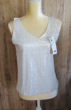 Ladies Lined White Sleeveless Sequin Sparkle Shimmer Tank Top Size M