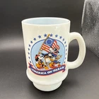 Vintage 1976 Disney "America on Parade" milk glass mug, featuring Mickey Mouse
