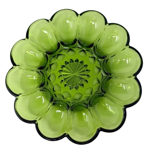Anchor Hocking Fairfield Avocado Green Glass Deviled Egg Plate 1970s