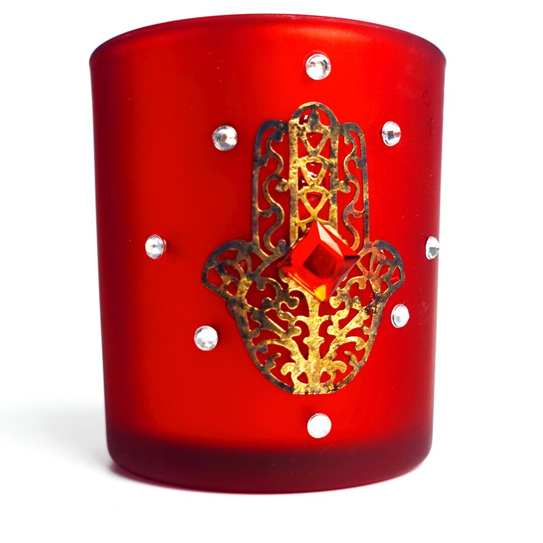 Bougeoir en verre marocain peint à la main multicolore et doré Khamsa de 15cm