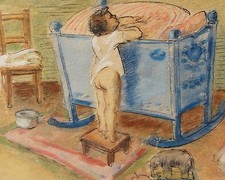 Hans Koch: Nackedei am Kinderbettchen - aquarellierte Tuschezeichnung um 1910 
