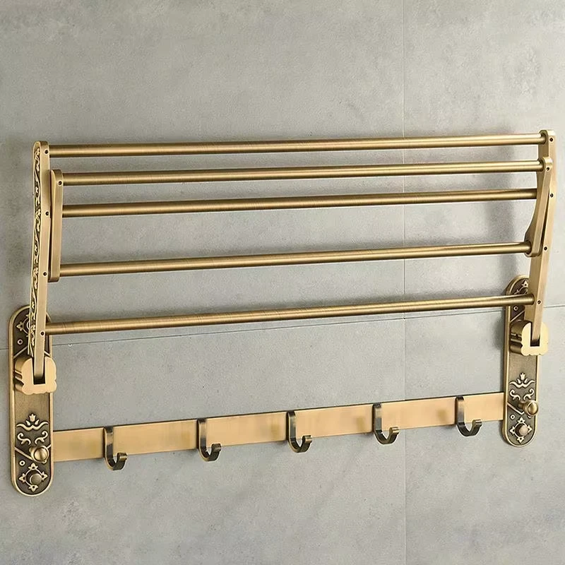 Vintage Brass Towel Rack with Shelf & Hooks - Foldable Design - Image 2 of 4