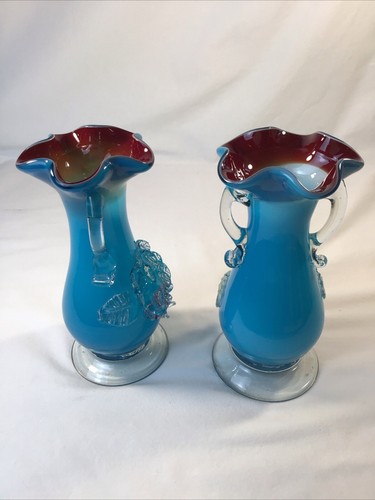 2 Vintage Stevens & Williams Ruffled Hand-Blown Applied Vase Turquoise/Red 6.5" - Picture 7 of 13