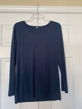 Ladies V-Neck Long Sleeve T-Shirt Women's Top Soft Tee Size M Blue