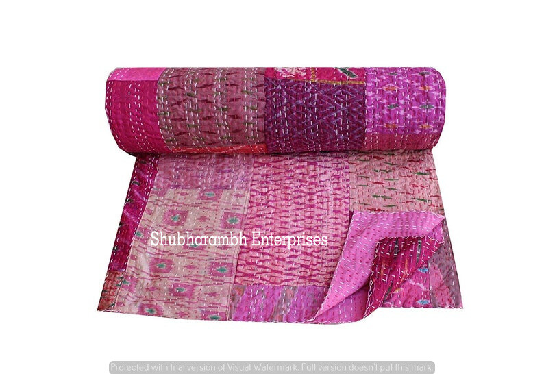 Pink Patchwork Silk Queen Kantha Quilt Hippie Throw Blanket Bedding Bedspread
