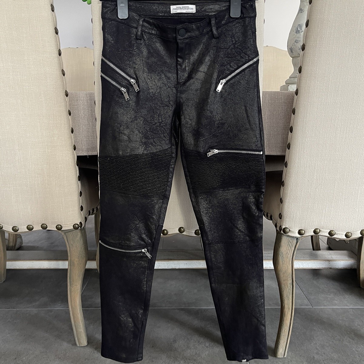 Leather Patch Jeans Biker Zara Mens Designer Jeans, Ripped Stretch