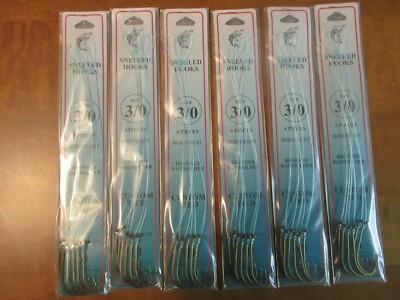 36 SNELLED FISH HOOKS (6 PKS X 6 EA)  BRONZE BAIT HOLDER MONO LEADER 7'' PICK SZ