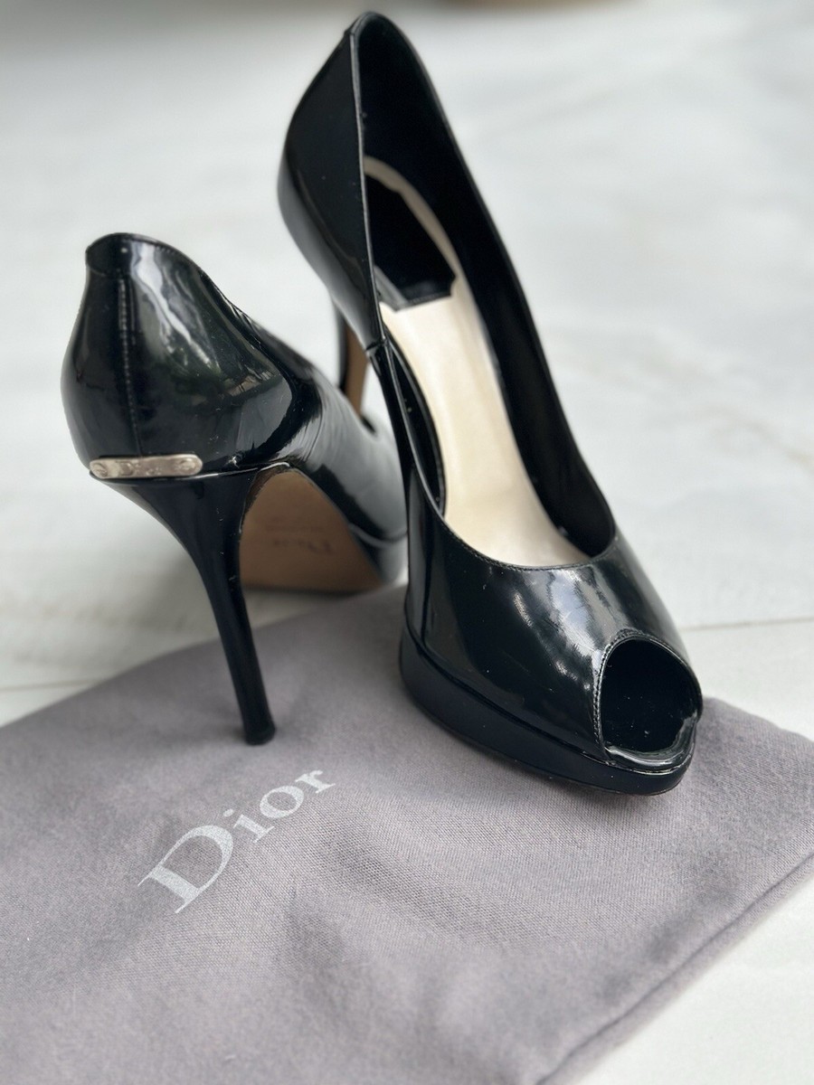 Authentic Dior Patent Leather Peep-toe Pumps Heels Black Size 38