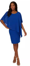 ADRIANNA PAPELL Chiffon Drape Overlay Shutter Pleat Sheath Dress Blue Women's 8