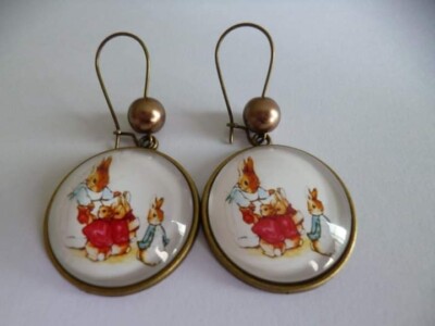 Bronze Ohrringe Haken Perlen Cabochon Hasen Beatrix Potter 25mm
