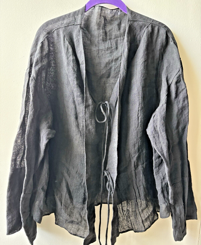 NWT Massimo Dutti Black Linen Oversize Shirt Blouse Jacket Ties sz L BOHO CHIC - 第 1/8 張圖片